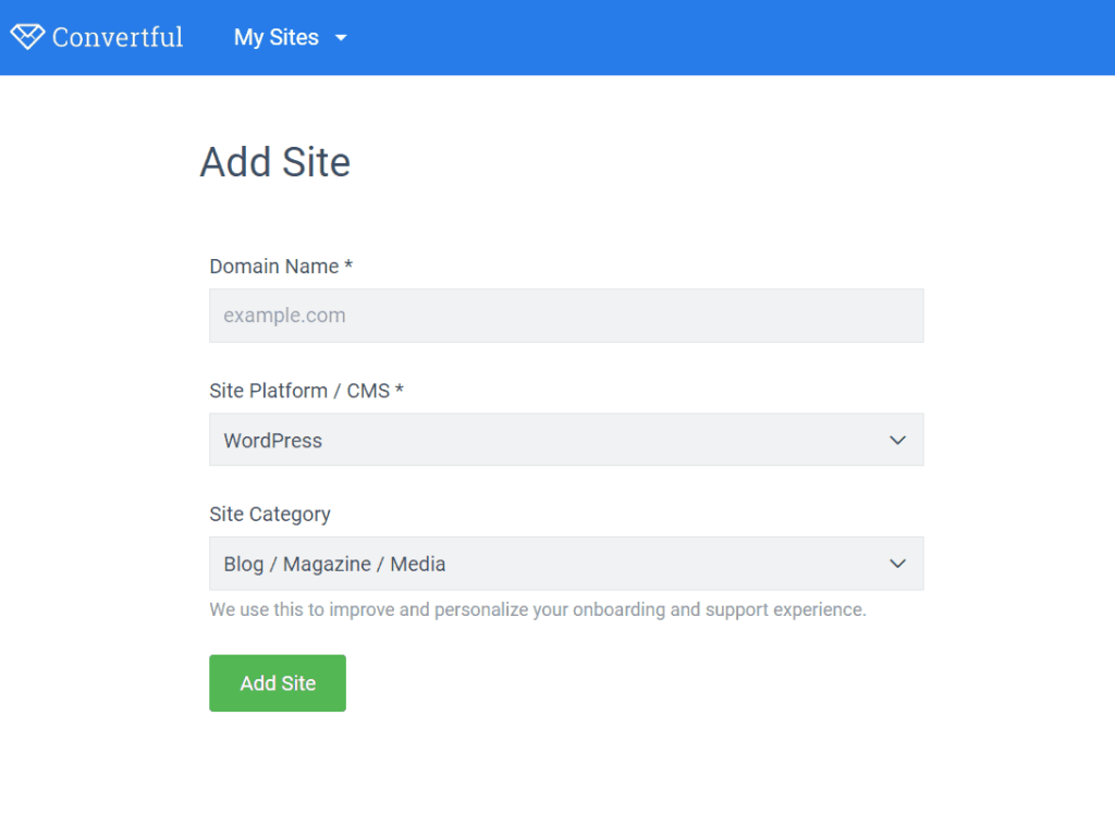 Add Site On Convertful for Email Subscription Forms