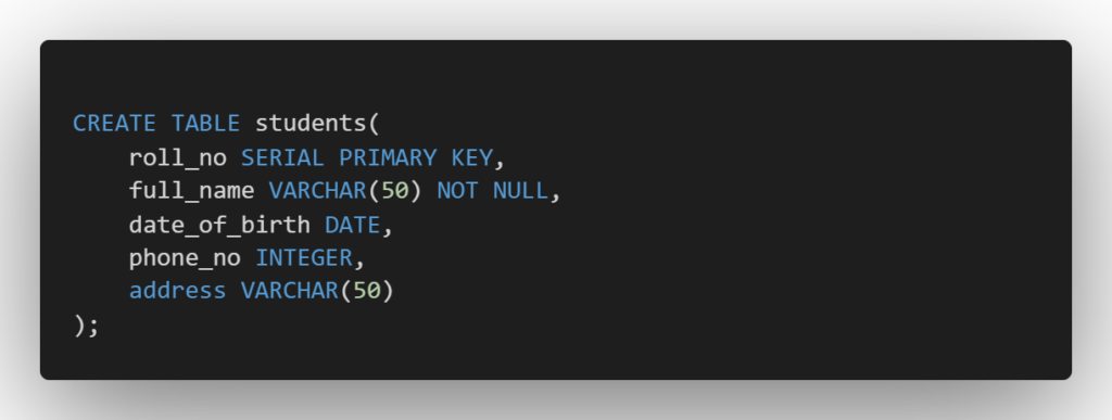 Create table into postgresql