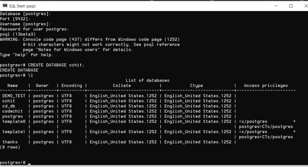 Creating Database using PSQL shell command line